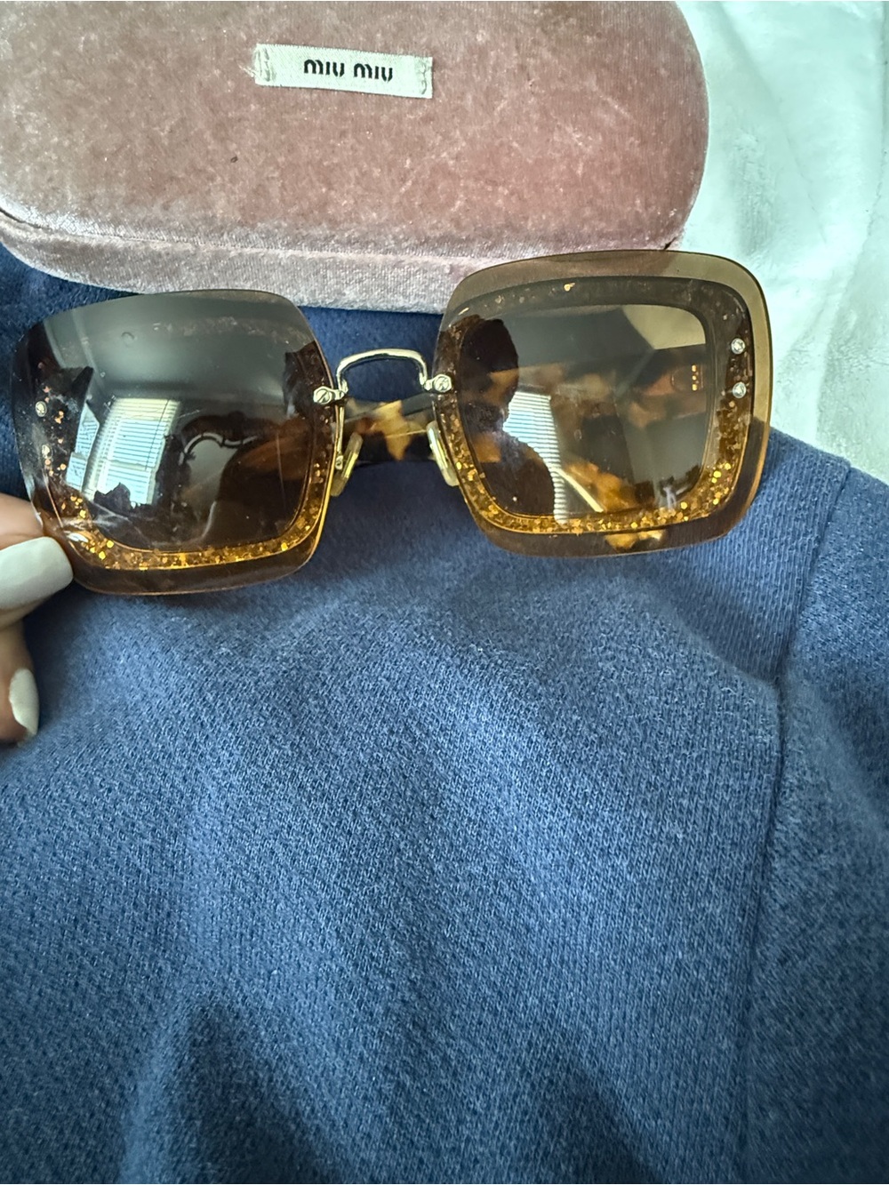 Miu Miu Amber Brown Square Sunglasses with Gold Accents